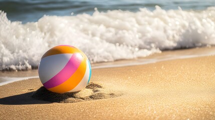 Obraz premium Vibrant beach ball on sandy shoreline