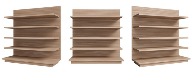 Set of Realistic Retail Wooden Store Display Shelving Units isolated on white background, 3d render
