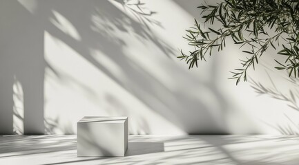 Minimalist scene with cube, sunlight, and plant shadows