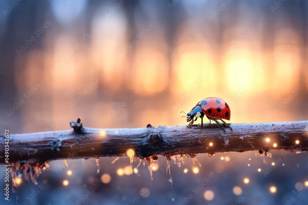 Poster ladybug perched on branch illuminated by a soft dreamy bokeh background