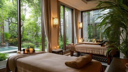 Elegant spa space featuring two massage beds, flickering candles, and large windows opening to a serene garden and pool view, creating an atmosphere of relaxation and rejuvenation. - Powered by Adobe