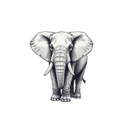 the image features a large, majestic animal rendered in detailed grayscale art. facing forward, its trunk hangs prominently between its tusks, which curve gently downward