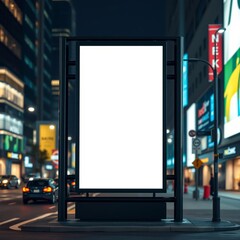 A blank billboard on a city street is prepared for a bespoke advertisement including an urban setting and blurred background lights. The billboard mockup display is empty and ready for advertising.