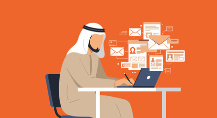 Arab Businessman Working On Laptop At Office Desk With Digital Documents In Flat Vector Illustration