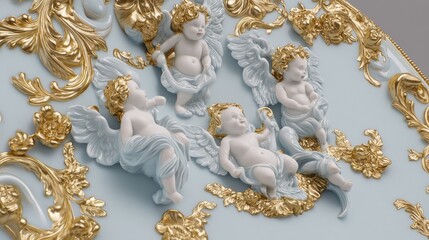 Ornate decorative plate with cherubic figures and gold accents.