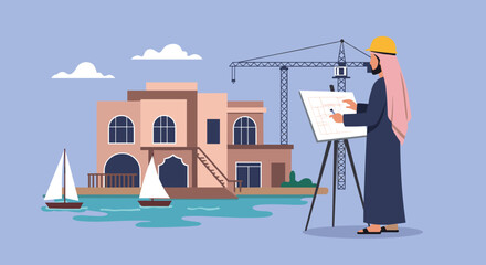 Arab Engineer in Traditional Attire Drawing Architectural Plans Outdoors with Buildings Boats and a Crane on a Blue Background