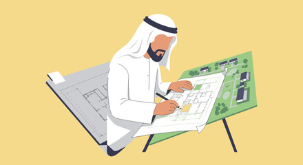 Arab Engineer Examining Blueprint Map With Building And Urban Layout Design On Yellow Background