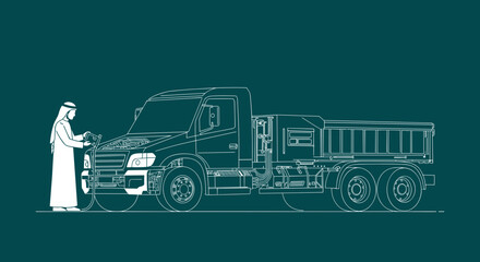 Arab Man Beside A Truck With White Silhouette On Teal Backdrop