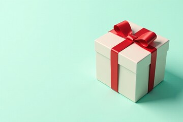Obraz premium A pristine off-white gift box adorned with a vibrant red ribbon, a symbol of celebration and thoughtful presentation.