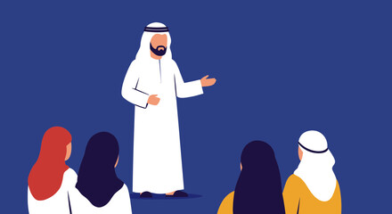 Obraz premium Arab Man Giving Presentation To A Group Of People In Traditional Attire Against Blue Background