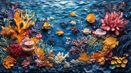 Underwater coral reef scene.  Detailed paper-cut artwork