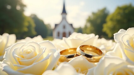 Romantic wedding scene with two gold rings nestled in white roses, a blurred church in the background. Love, marriage, and commitment.