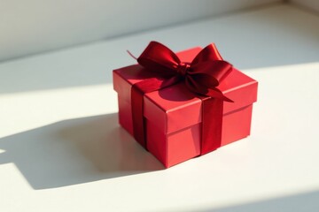 Obraz premium A Crimson Gift Box Adorned with a Rich Red Ribbon, Basking in Sunlight on a Pristine White Surface