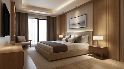 A modern, cozy bedroom with neutral tones, stylish lighting, a large bed, and elegant wooden furnishings.