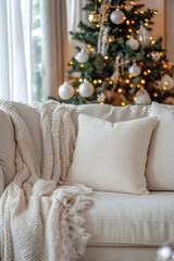 Cozy Living Room with Neutral Colors and Christmas Tree Decorations