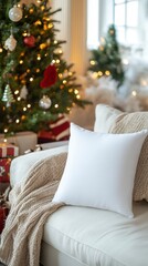 Cozy Festive Decor with White Pillow Near Christmas Tree and Gifts