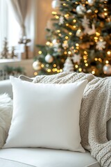 Cozy Living Room Decor with White Pillow and Christmas Tree Lights