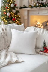 Cozy White Pillow and Blanket on Sofa in Festive Christmas Setting
