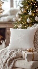 Cozy Winter Decor with Snowflake Pillow and Holiday Setting