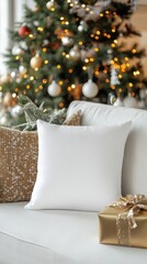 Cozy Holiday Living Room with Blank Pillow and Christmas Tree