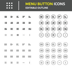 Collection of hamburger menu icons in solid and outline style. Ideal for user interface design, web and mobile apps, wireframes, and prototypes. Fully editable vector elements.