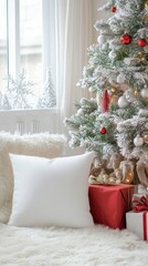 Cozy Holiday Scene with Christmas Tree and Decorative Pillow