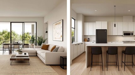 Modern open-concept living room and kitchen with minimalist decor, natural light, and stylish furnishings.
