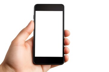 hand holding a smartphone with a mobile phone blank screen and white screen for touchscreen device technology and communication