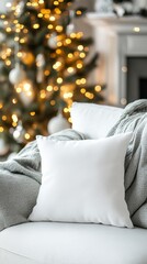 Cozy Living Room Scene with Blank Pillow and Holiday Decorated Tree