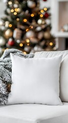 Cozy White Pillow on Sofa with Christmas Tree in Background