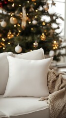 Cozy White Pillow on Couch with Christmas Tree in Background