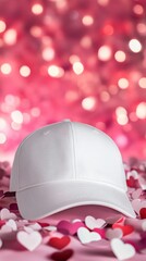 White Cap on Heart-Shaped Confetti with Pink Bokeh Background