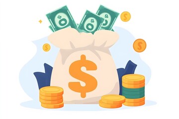 money cash and dollar coins represent currency, finance, and wealth with savings and investment shown in a gold coin cash bag