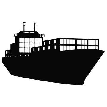a silhouette of a large cargo ship with containers on deck