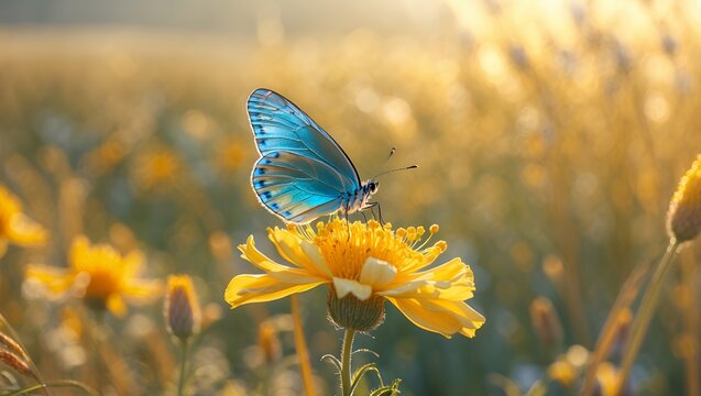 Blue butterfly resting on a yellow flower