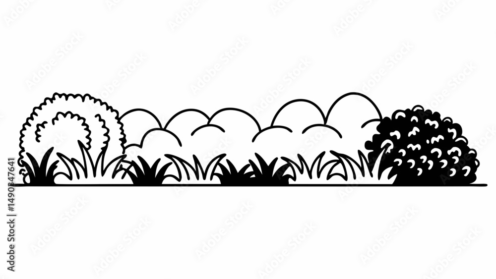Poster illustration of a ground level view of grass and bushes in a black and white line drawing style crea