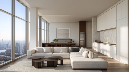 Modern luxury apartment with floor-to-ceiling windows, city views, open kitchen, and stylish, minimalist living area with neutral tones.