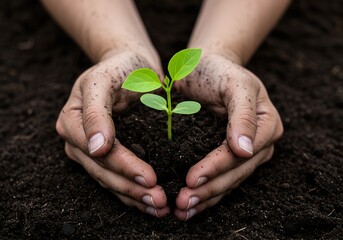 Tanned farmer hands gently cradle a vibrant green sprout above fertile dark soil