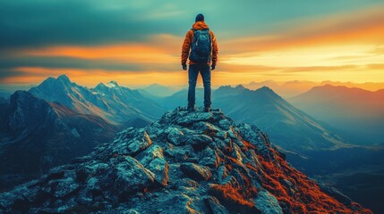 Adventurous Hiker at Sunset Summit