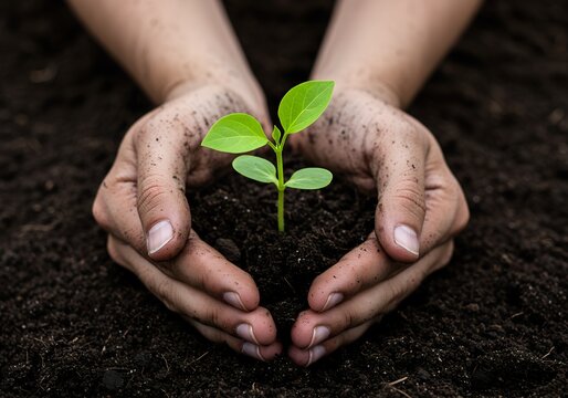 Tanned farmer hands gently cradle a vibrant green sprout above fertile dark soil