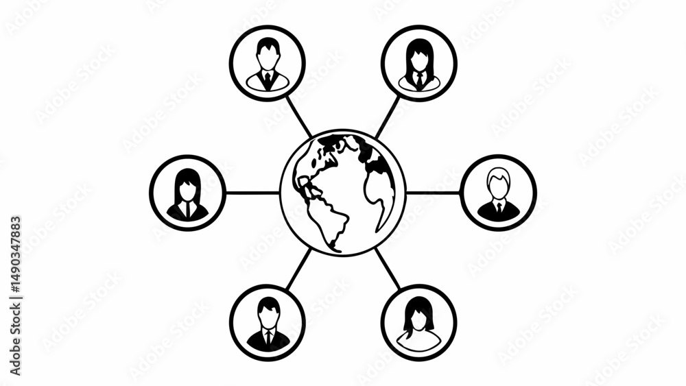 Poster globe connected to people icons representing global network and communication concept design showing