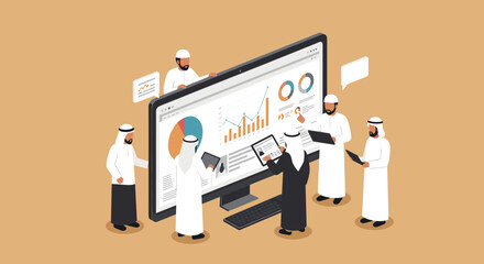 Group Of Arabic Men Analyzing Data On A Computer Screen With Statistical Graphs And Charts On A Brown Background