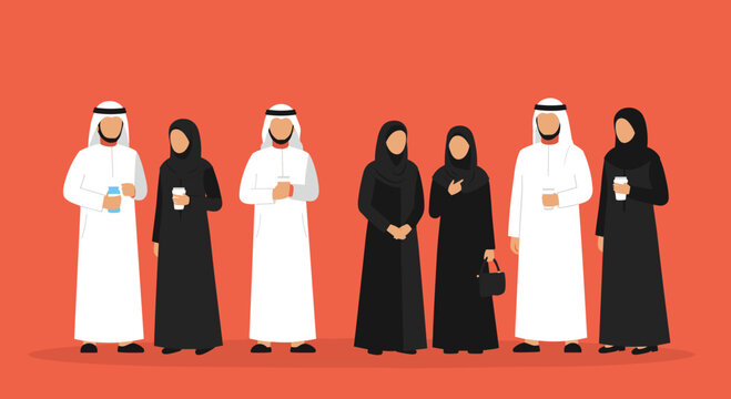 Group Of Arabs In Traditional Garb Standing On Red Background With Pixel Art Style