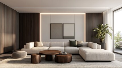 Modern living room with neutral tones, large sectional sofa, wooden tables, wall art, indoor plant, and natural light from large windows.