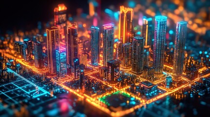 Obraz premium Neon Cityscape: A Futuristic Metropolis at Night
