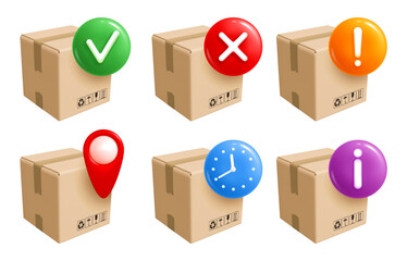 Fototapeta premium Cardboard delivery box or 3d parcel with various icons or signs. Cargo delivery icon set such as delivered, cancelled, info, location tracking, time. Logistic, shipping concept. Vector illustration