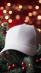 White Cap with Christmas Background and Festive Decor Elements