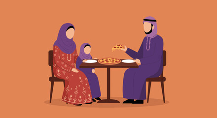 Pixel Art Family Eating Pizza Together At A Brown Wooden Table In An Orange Room