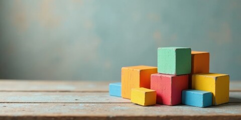 A collection of colorful wooden blocks arranged on a rustic surface against a muted background