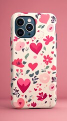 Colorful Floral Phone Case with Hearts on Soft Pink Background